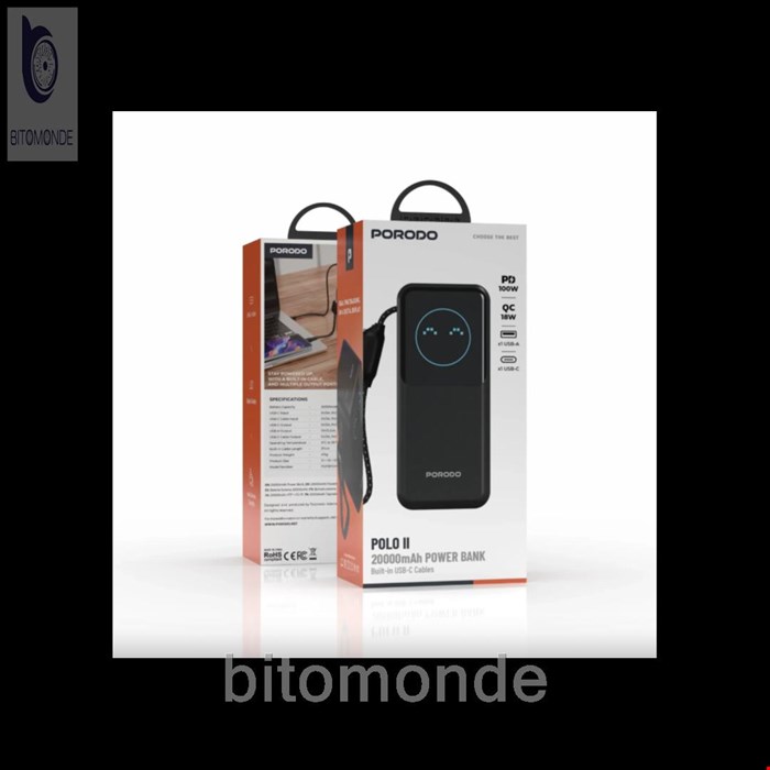 پاوربانک پرودو Porodo مدل PDPBFCH0101BK ظرفیت 20000mAh توان 100W