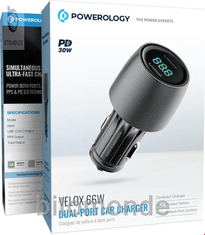 شارژر فندکی پاورولوژی Powerology Velox 66W Dual-Port Car Charger PCCSR021