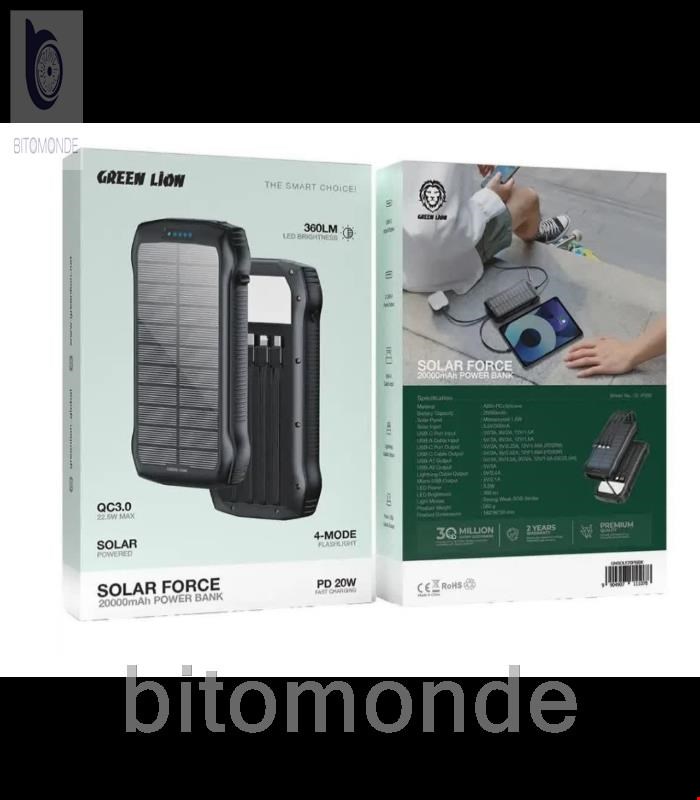 پاوربانک خورشیدی 20000 گرین لاین Green Lion Solar Force GNSOLF20PBBK توان 22.5 وات و کابل متصل
