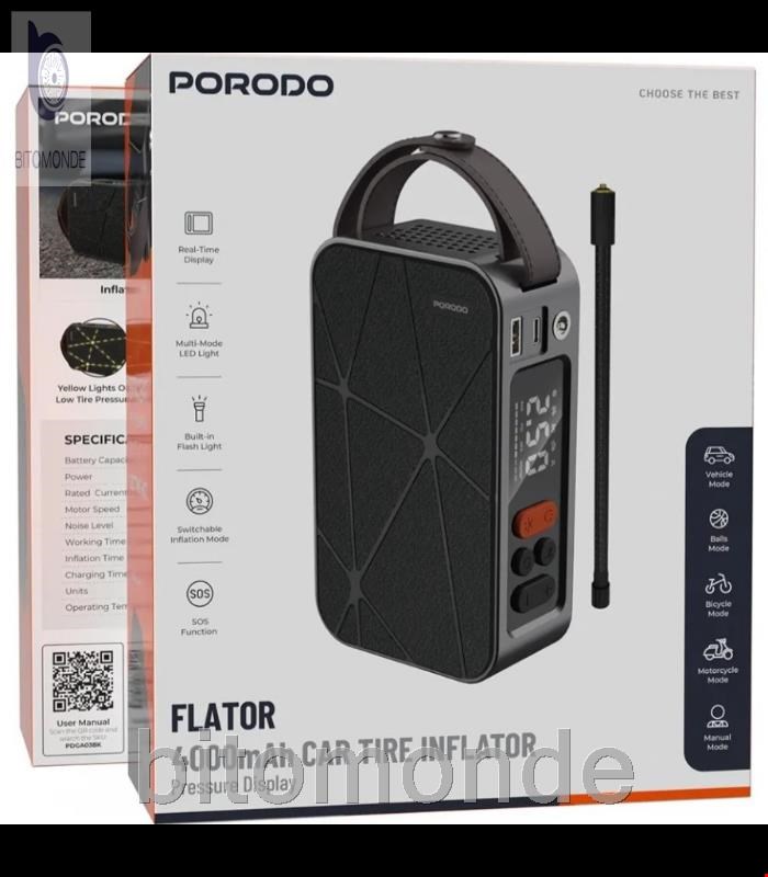 پمپ باد شارژی پرودو مدل FLATOR ظرفیت ۴۰۰۰ میلی آمپر با نمایشگر فشار